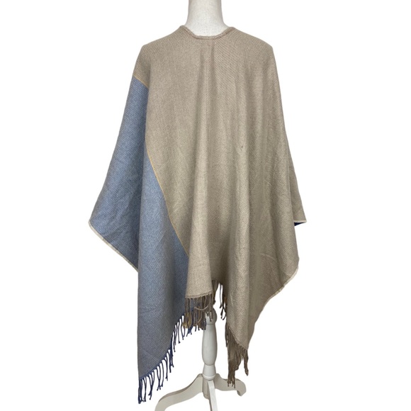 Color Block Two-Way Stole/Poncho Blue and Tan with Fringe One Size - Picture 4 of 8